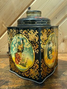Decorative Black and Gold Asian-Style Tin Canister